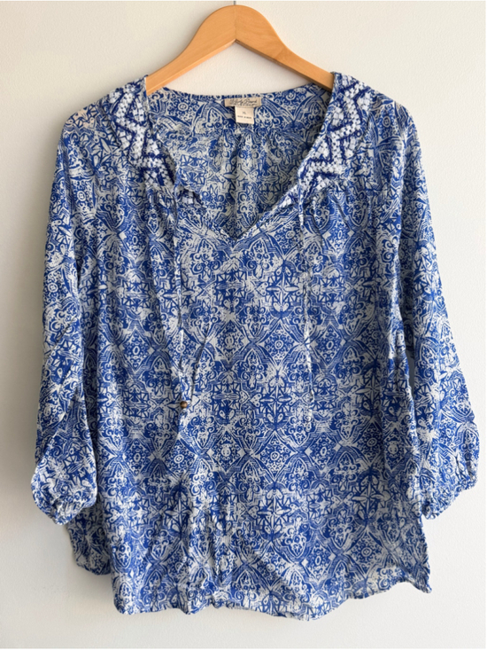 Lucky Brand Tops - Women's Lucky Brand Blue and White Printed Blouse, Size XL